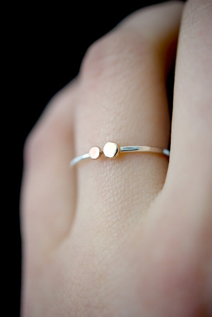 Double Pebble Ring, Solid 14K Gold & Rose Gold on a Silver Band