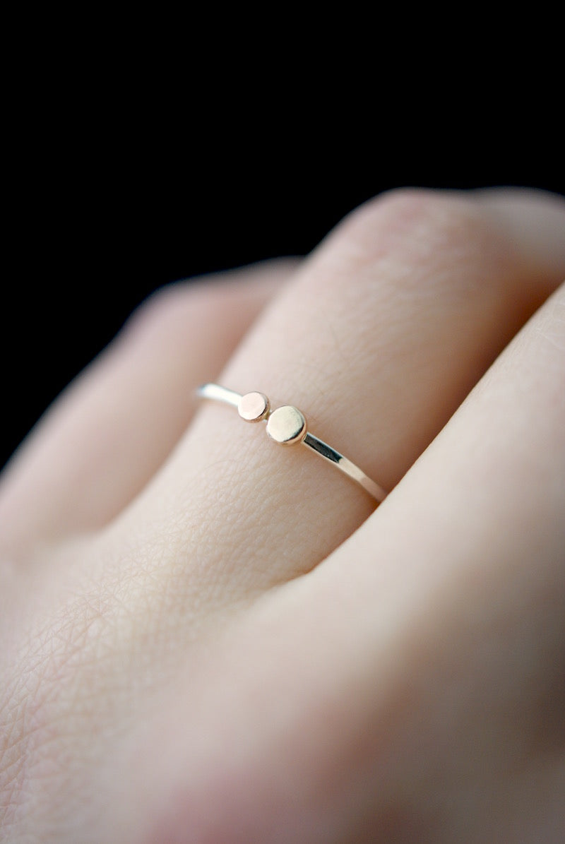 Double Pebble Ring, Solid 14K Gold & Rose Gold on a Silver Band