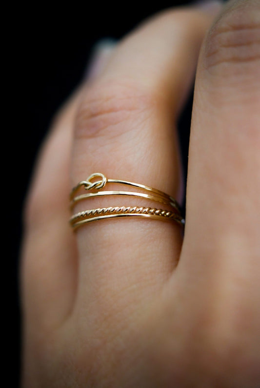 Open Knot & Twist Mixed Texture Set of 4 Stacking Rings, Gold Fill, Rose Gold Fill or Sterling Silver