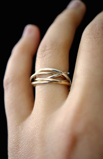 Thin Interlocking Set of 5 Rings, Solid Mixed Metals