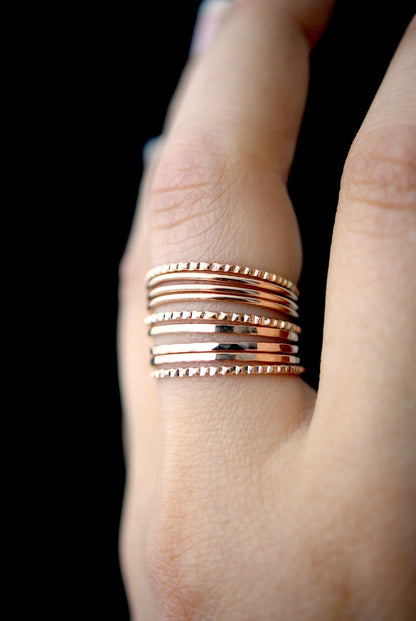Medium Thick Lined Set of 9 Stacking Rings, Gold Fill, Rose Gold Fill or Sterling Silver