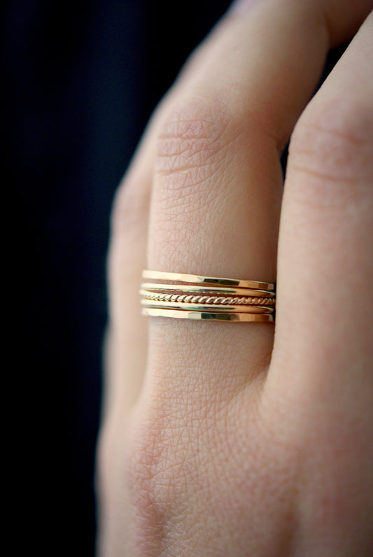 Medium Thick Twist Set of 5 Stacking Rings, Gold Fill, Rose Gold Fill or Sterling Silver