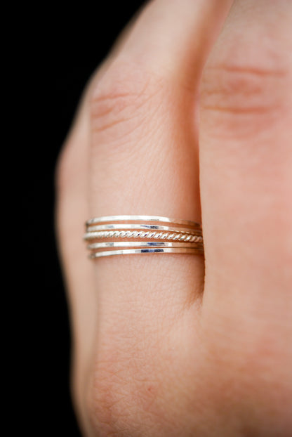 Ultra Thin Twist Set of 5 Stacking Rings, Gold Fill, Rose Gold Fill or Sterling Silver