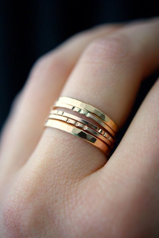 Extra Thick & Square Lined Set of 5 Stacking Rings, Gold Fill, Rose Gold Fill or Sterling Silver
