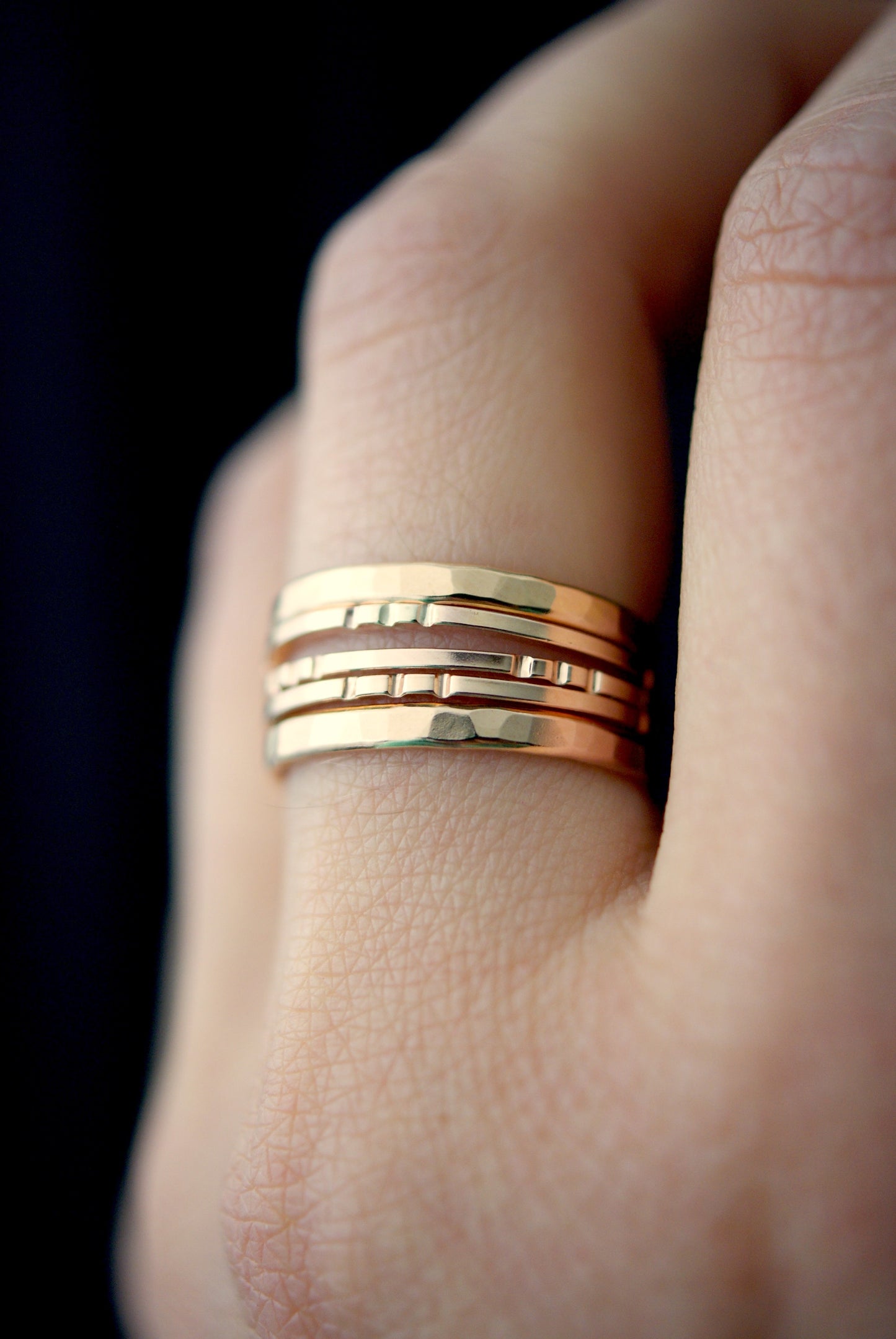 Square Lined Set of 5 Stacking Rings, Gold Fill, Rose Gold Fill or Sterling Silver